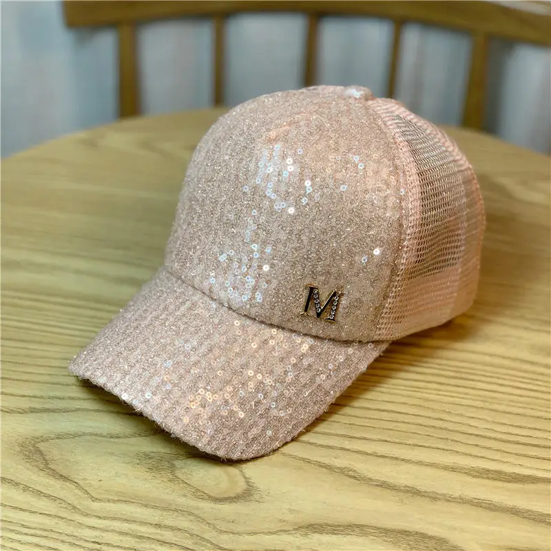 New Summer Hollow Breathable Mesh Sequin Baseball Cap Women\'s Fashion Rhinestone Letters Solid Color Sun Hat Hip Hop Chapeau