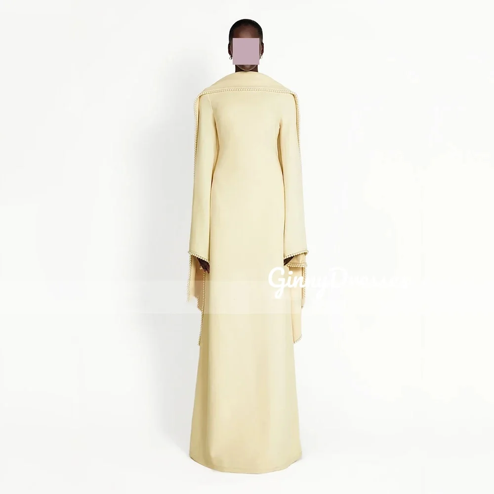 

Evening Dress Yellow Scoop Neckline Customize Column Elegant Party Dresses For Women Floor-Length Zipper Up Long Sleeves Wedding