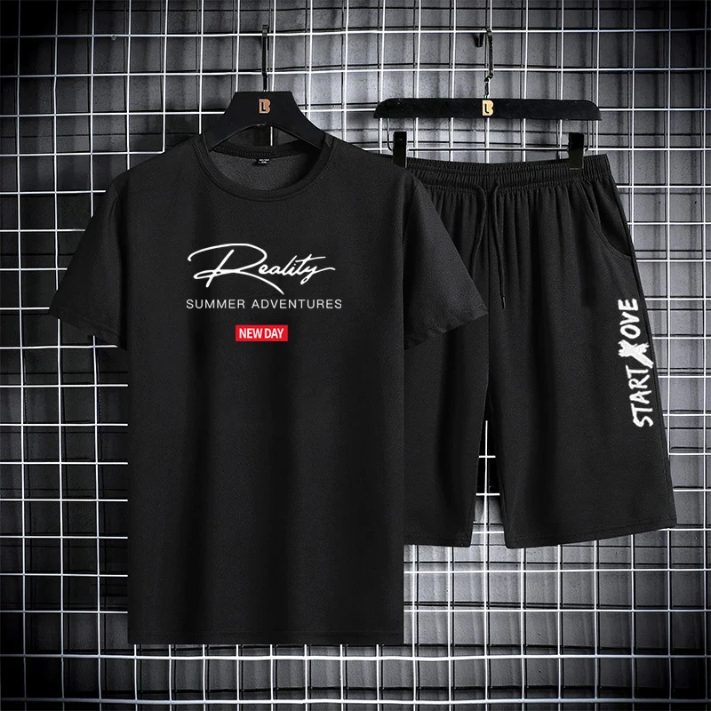 

Men's Summer Thin tops Fashion Quick Drying Short Sleeve Tshirt Sportswear Print T Shirts+Shorts Sets Men Casual Sports Suits
