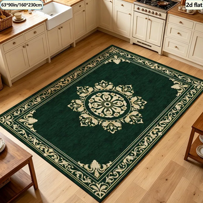 Luxury Dark Green Golden European Ornate Carpet Flooring Square Area Rug Non‑Slip Washable Floor Carpet for Entryway Hall Home