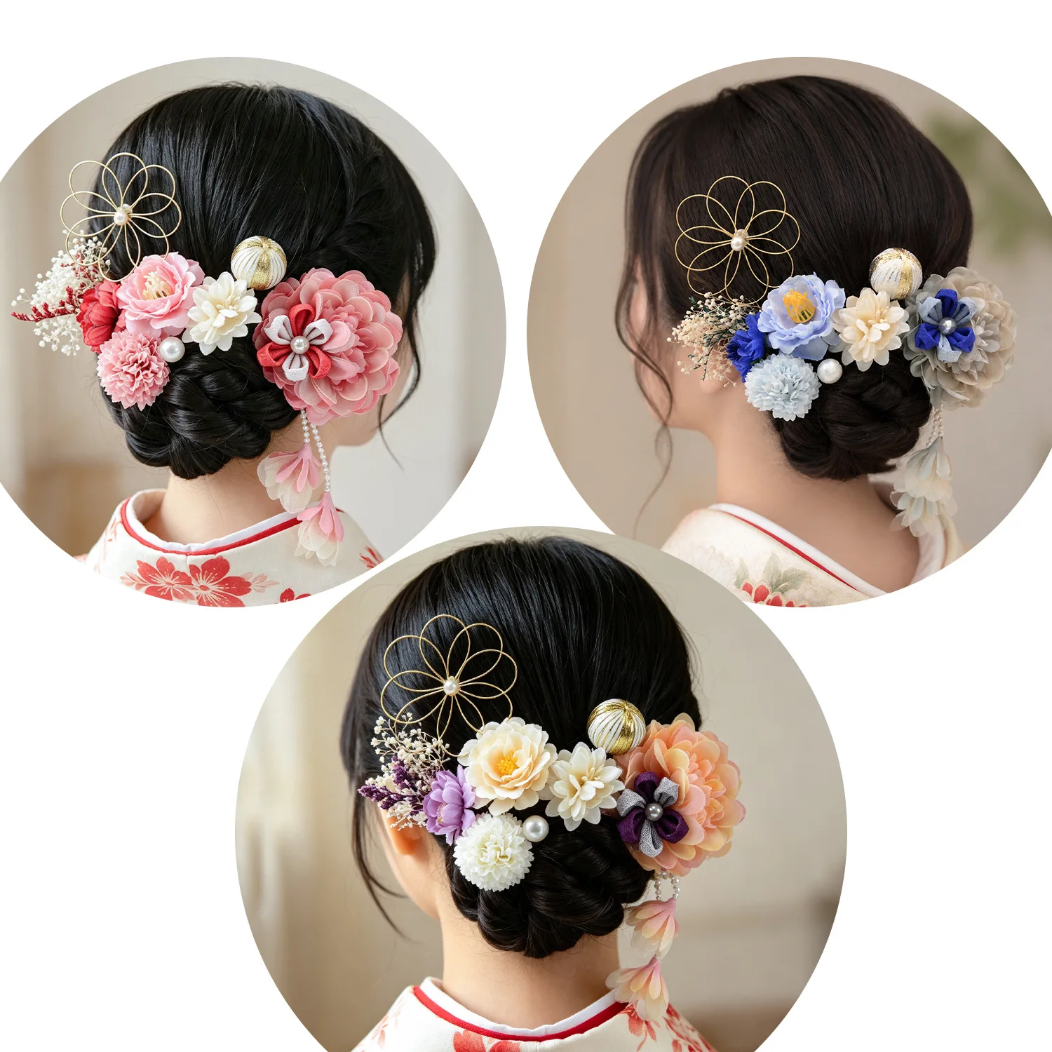 日本の花柄着物用ヘアアクセサリー-–-花柄のヘアピンと髪飾り