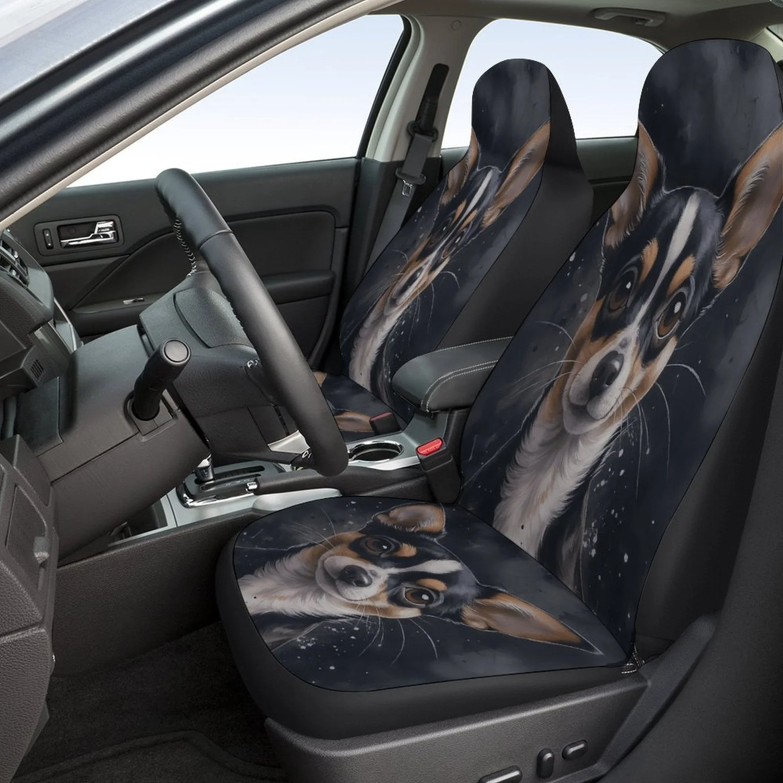 Set Of Car Seat Covers Featuring Dog Portraits, Suitable For Various Vehicles. Stylish And Unique Decorative Covers That Your Se
