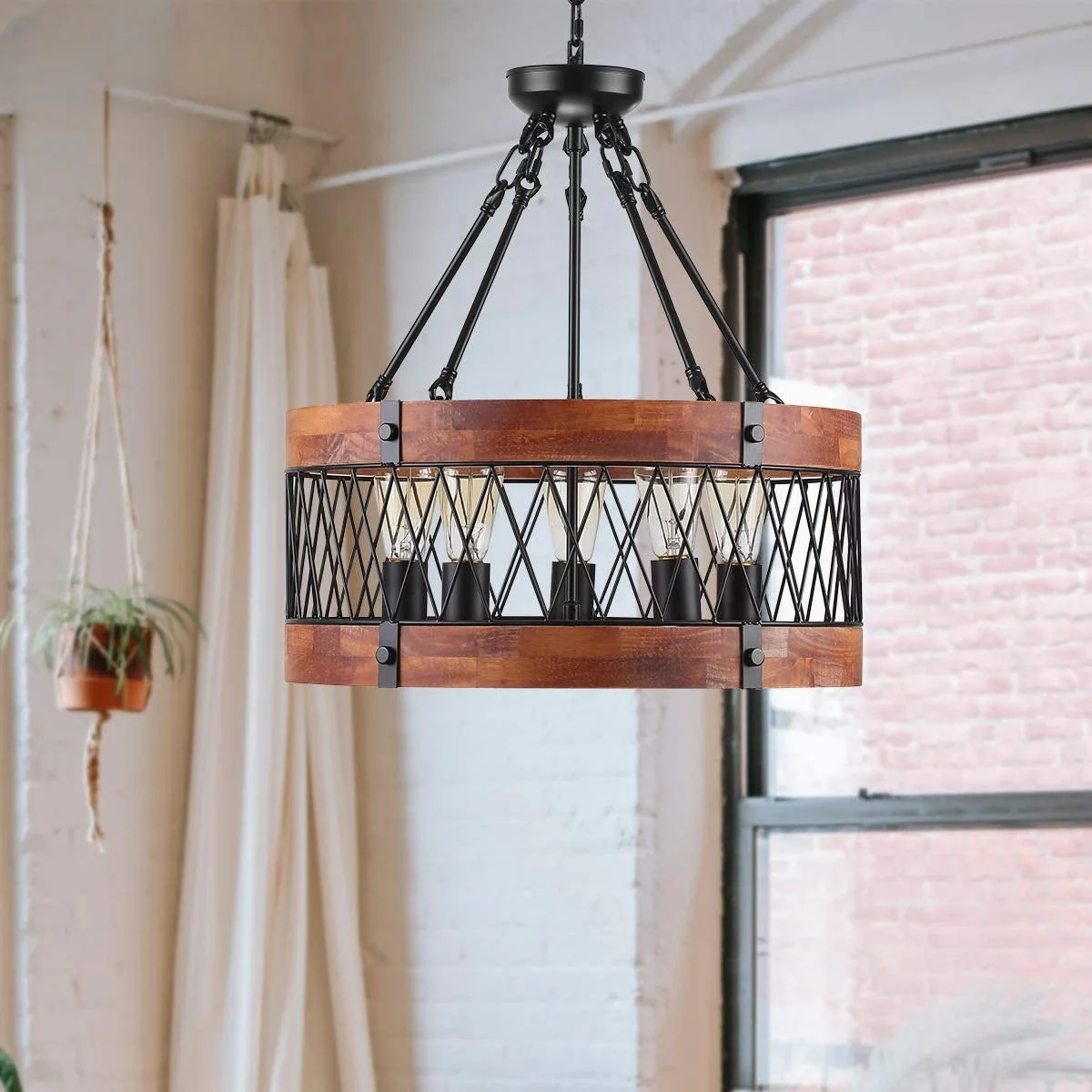 American Retro Black Metal Wood Caged Nordic Chandelier Lamp Industrial Vintage Ceiling Pendant Light view 2