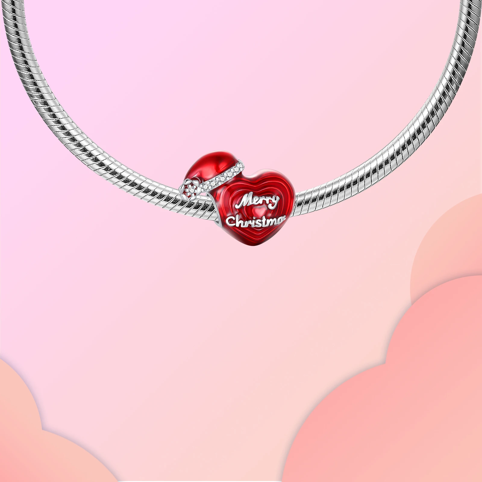 Red Enamel Heart Charm Santa Hat Bead 925 Sterling Silver Engraved Merry Christmas Fit Women Bracelet Xmas Holiday Jewelry Gift