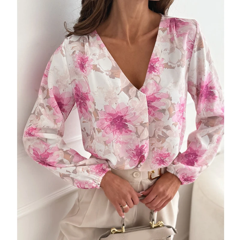 

Fashion Elegant V Neck Long Sleeve Office Blouse Women Printed Casual Shirt Loose Female Simple Spring Autumn Tops Blusas Mujer