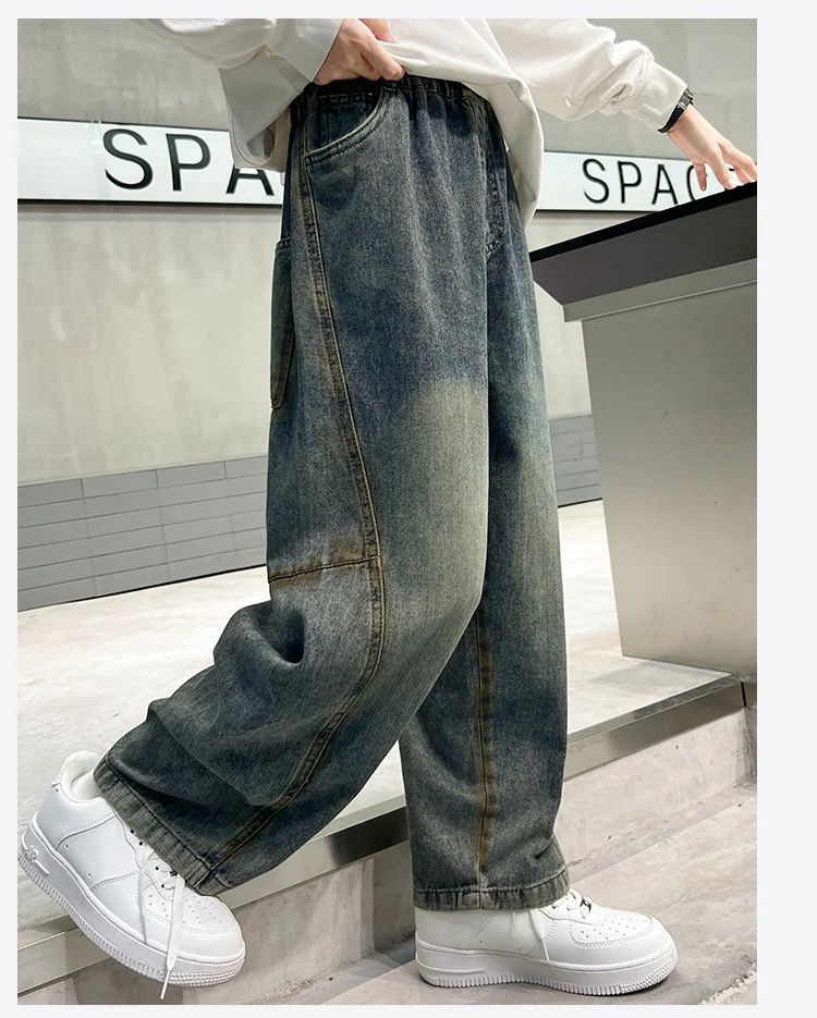 Amerikanische Kinder Retro Street Loose Fit Jeans für Jungen, Hochgeschnittene Casual Kinder Vintage Denim Hosen, Teenager Jeans 5-14 – Detail 7