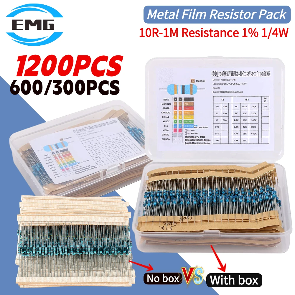 1200PCS/600/300pcs Metal Film Resistor Pack Assorted Kit 30 Kinds 10R-1M Resistance 1/4W 1% Mixed Metal Film Resistance Pack