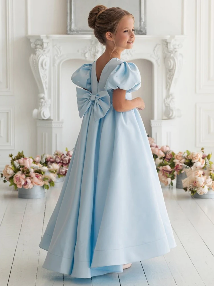 Vestido azul céu menina flor com arco pérola, cetim sólido, manga curta, casamento, festa de aniversário, banquete, vestidos princesa