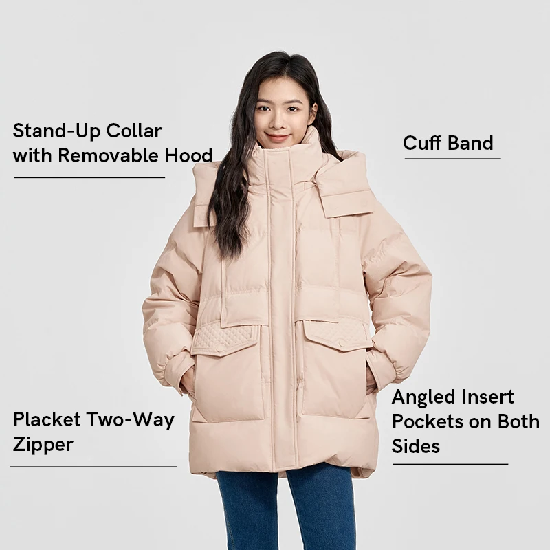 Chericom Women's Down Jacket Stand-up Collar Removable Hood Placket Two-Way Zipper Insert Pockets Warm Winter Outerwear Y308109Y