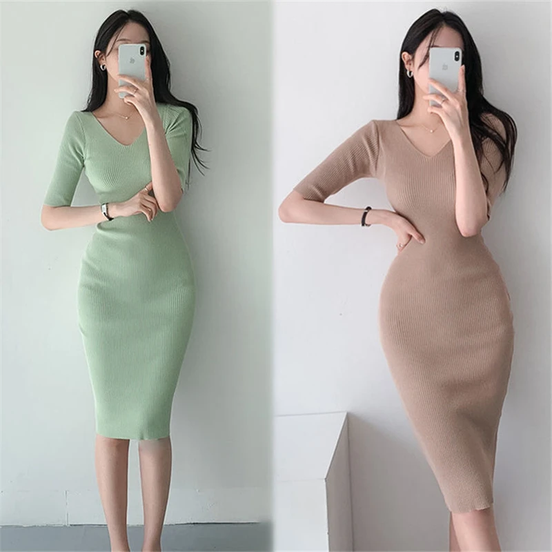 2024 Korean Fashion Woman Vintage Clothes Spring Casual Women\'s Dresses Knitted Short Sleeve Vestidos Elegantes Para Mujer Midi