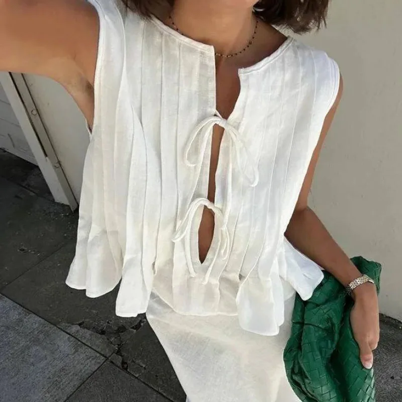 Linen Cotton Pleated Lace Up Sleeveless Short Shirt Blouse Women Slim Waist Crop Top Female Pleated Shirts 2024 New White