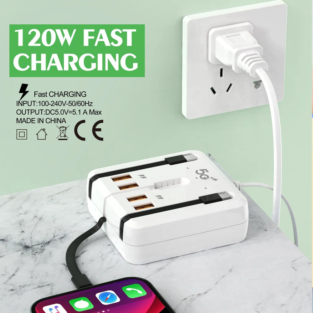 

Multifunction Power Strip 120W USB Type C Charger Fast Charging 4 Port Desktop Charger Adapter For iPhone Xiaomi Samsung Huawei