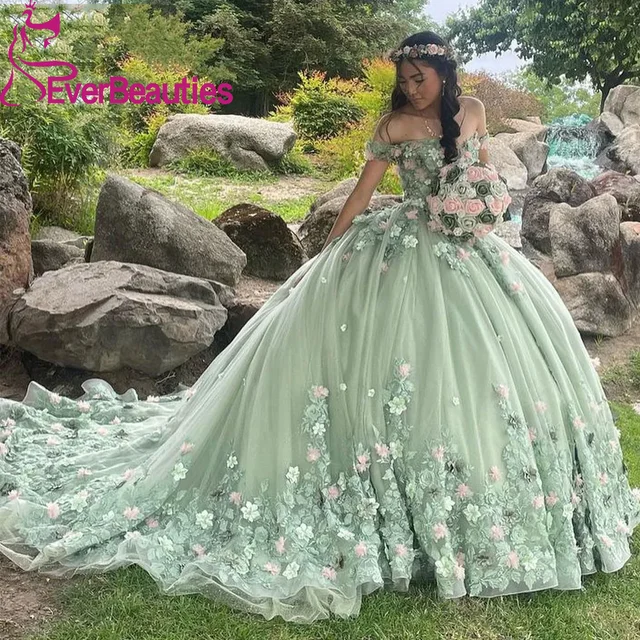 Ball Gown Quinceanera Dresses for Juniors Sage Green Sweet 16 Dress Tulle  3D Flowers Vestidos De 15 Años Quinceañeras 2024 - AliExpress