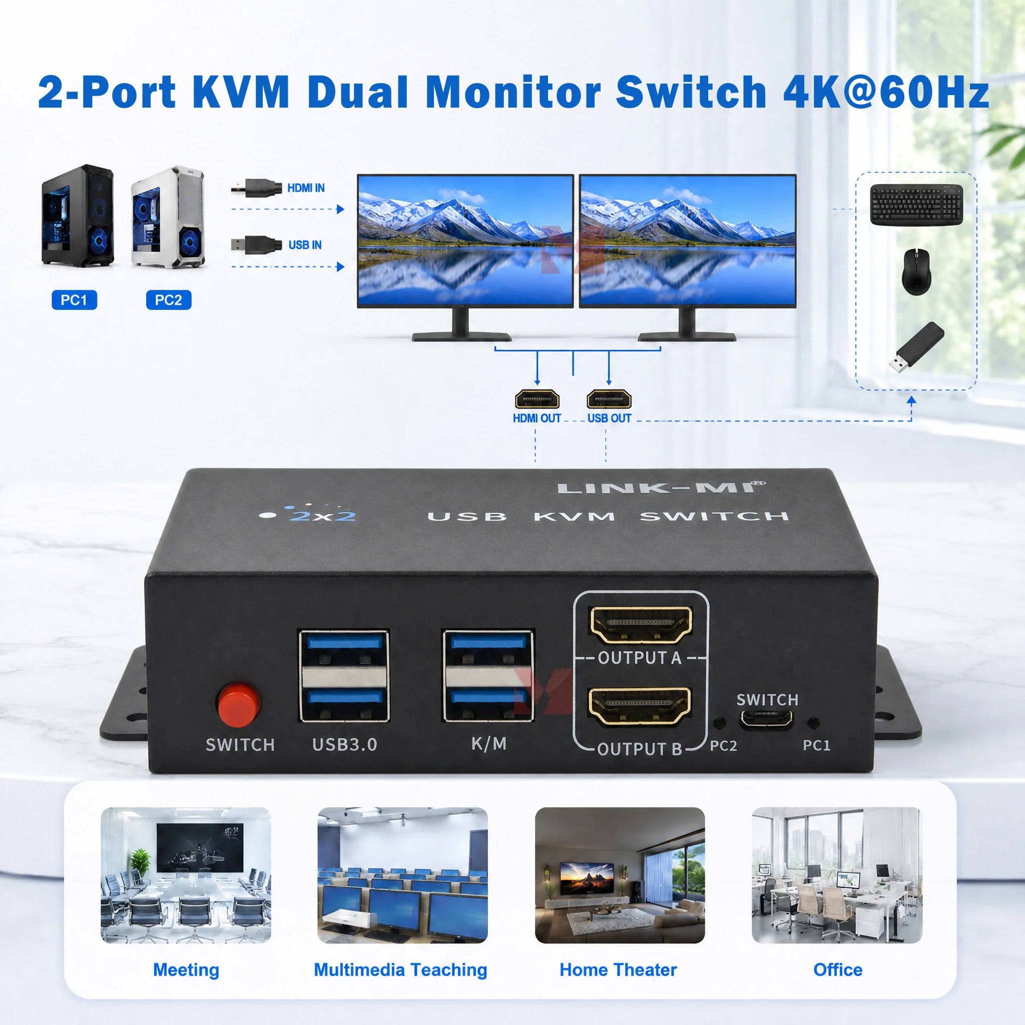 

2-Port KVM Dual Monitor Switch 4K60Hz 2x2 KVM Switch 2 in 2 out Seamless Switching with keyboard mouse