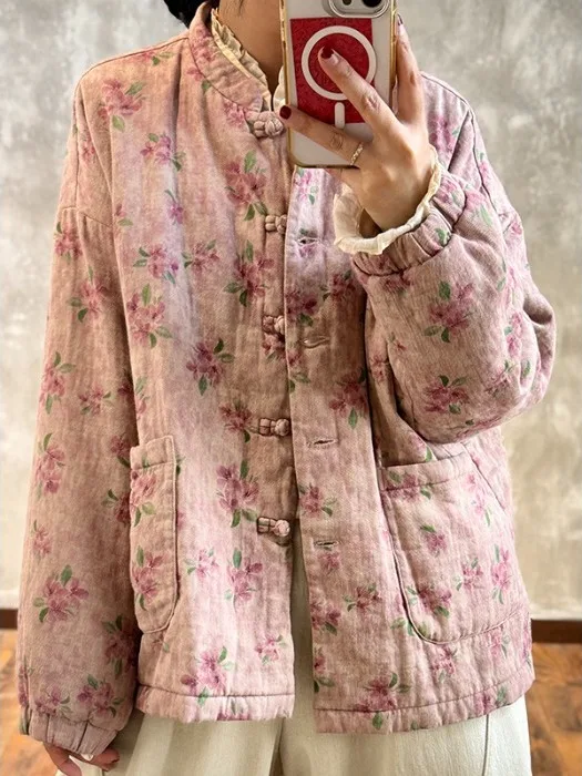 

Retro Floral Print Open Cardigan Cotton Jaet Loose Fit Long Sve Thiened Winter Women's Sweet Sle Clothing