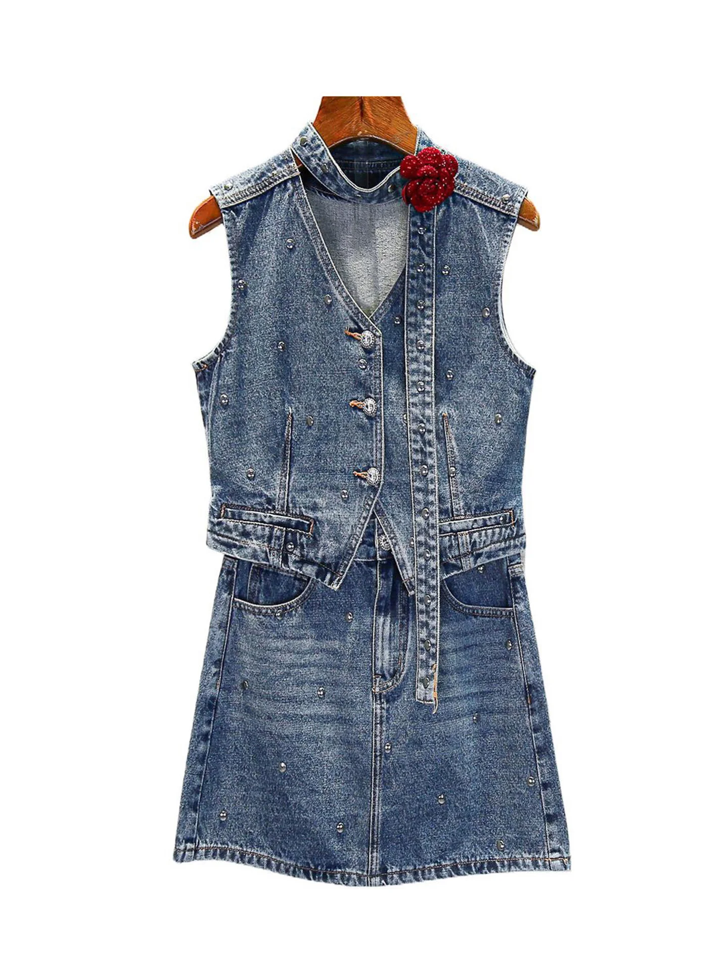 High-End Women's Summer 2025 V-Ne Button-Up Denim Vest Top And Skirt Set with Studs And Belt Faionable Two-Piece Ensemble