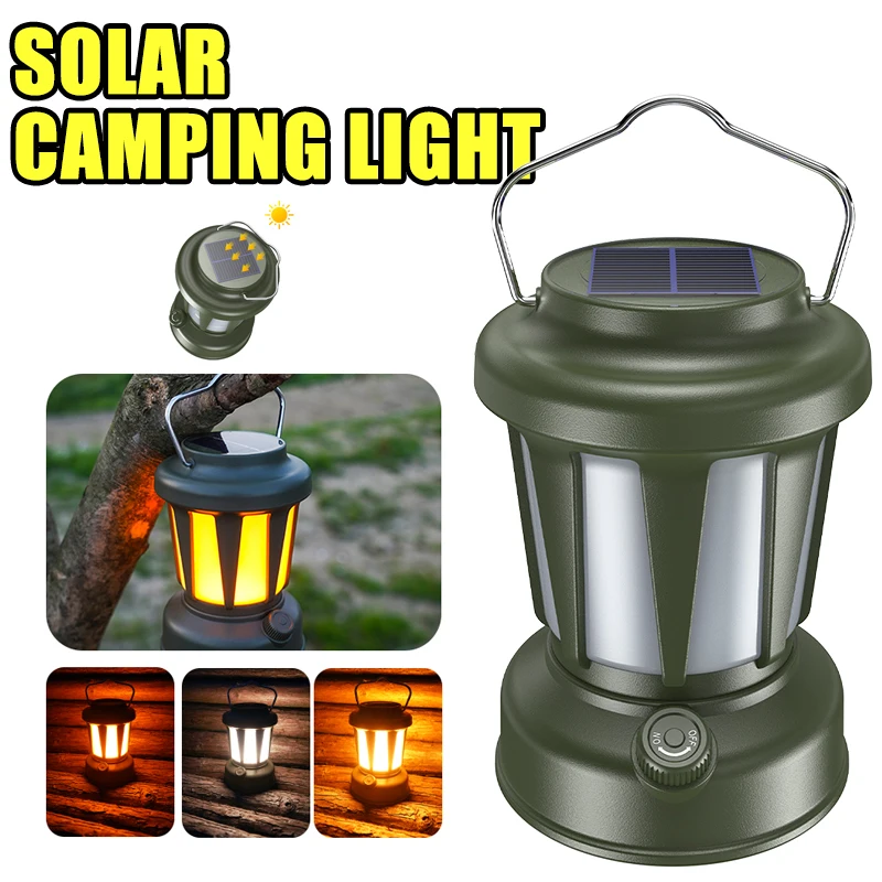 Multi Functional Retro Solar LED Camping Light Stepless Adjustment Temperature Light USB Charging Outdoor Tent Lighting Lantern