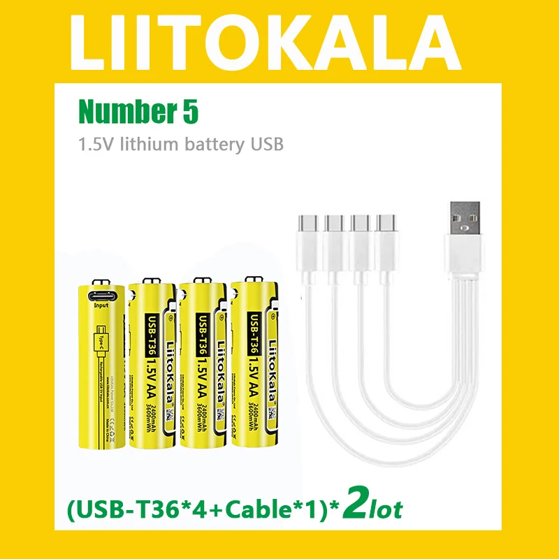 8pcs Liitokala USB-T36 AA 1.5V 3600mWh Large Capacity Lithium Rechargeable Battery Type-C USB Fast Charge for Mouse Toy