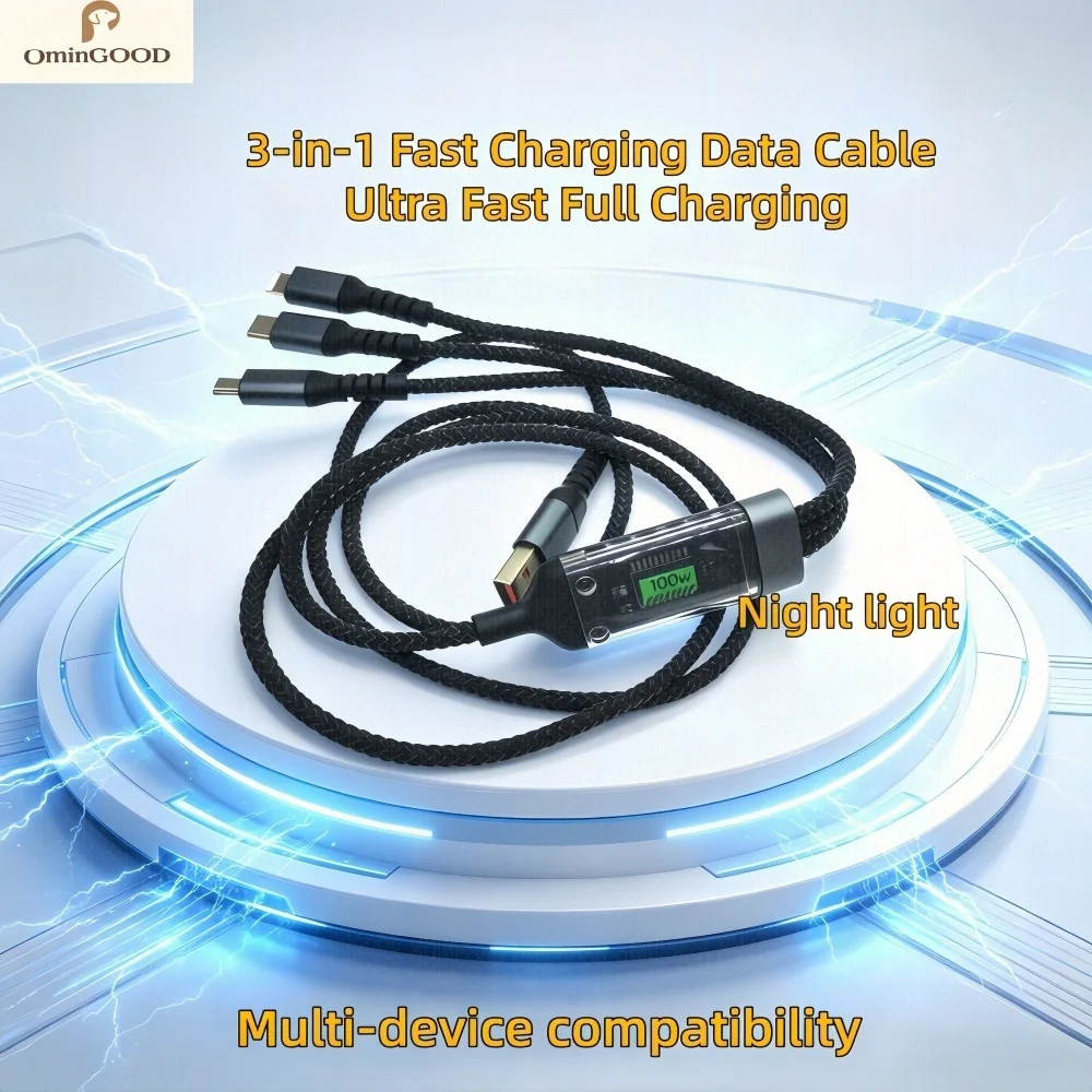 100W 3in1 USB Fast Charger Cable  Braided Anti-Break Universal Type-C Micro USB Multi Charging Cord for Android Mobile Devices