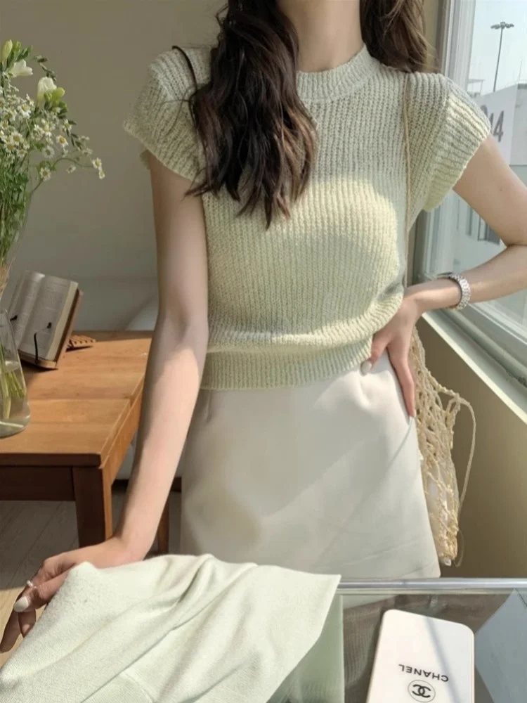 ein aushöhlen Eis Seide gestrickt ort Sve T-Shirt Damen Sommer sanft ort dünn Top kleine Größe koreanische Sle Slim Fit