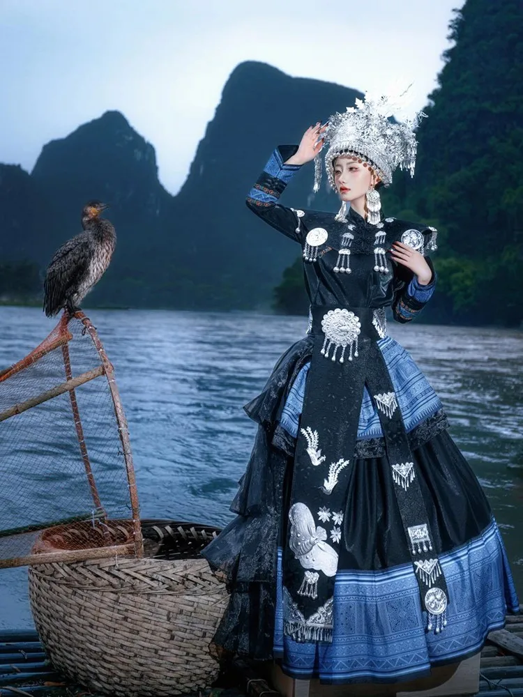 

Women's black stand-up collar long-sleeved long dress in ethnic costume style performance