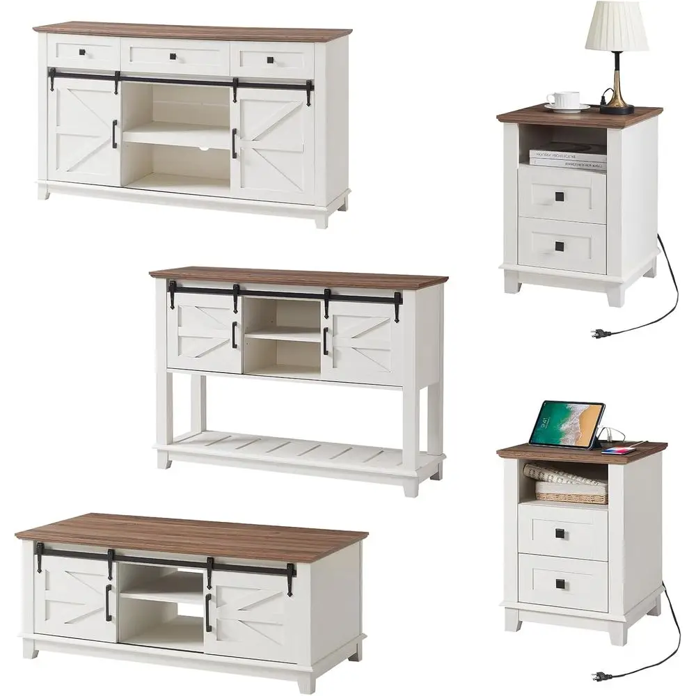 

Rustic White 5-Piece Farmhouse Furniture Set: 18 Charging End Tables (2), 65 TV Stand, Storage Coffee Table, and 46 Entryway Tab