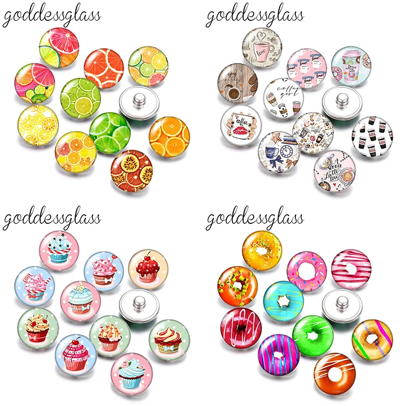 New fruits Coffee cake Donut food 10pcs mix Round photo 12mm/18mm snap buttons for 12mm/18mm snap jewelry DIY findings