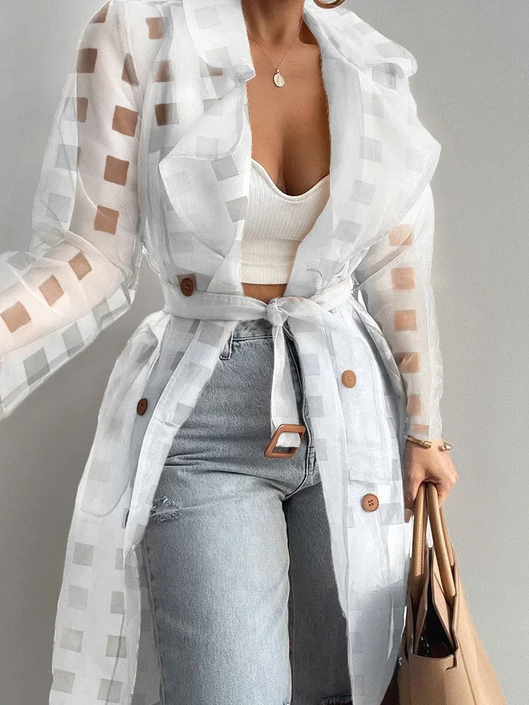 Fashion Women See Through Outdoor Tops Lace Up Spring Solid Sheer Mesh Long Sleeve Buttoned Coat With Belt Elegant Shirts 2025