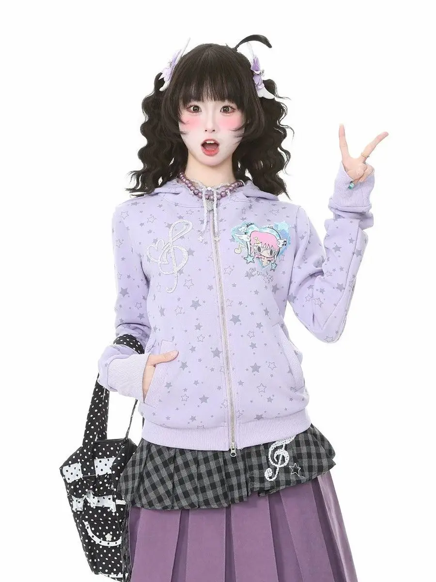 Y2K Subculture Star Print Hoodie Zipper Jacket Sweet Cool Cartoon Design Anti-Aging Top for Girls Standard Fit Autumn Wear