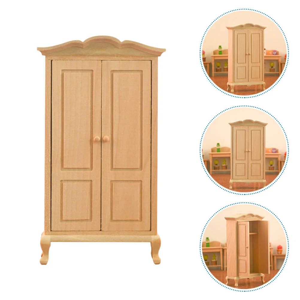 Wardrobe Model Toy Mini Baby Dolls Miniature Decor Double Door House Ornament Wooden Adornment Crafts