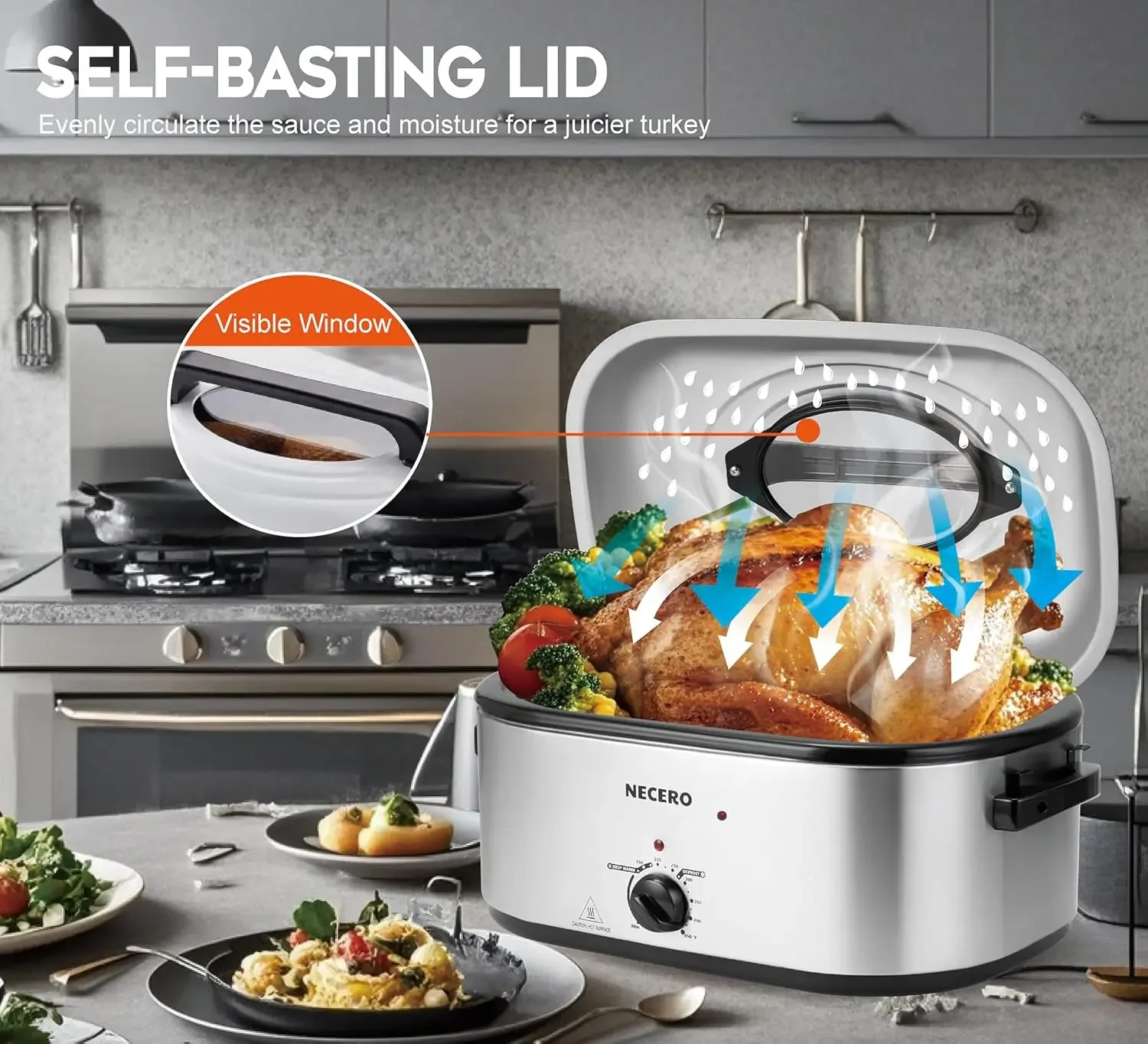 28Qt Electric Roaster with Visible Glass Lid, Electric Turkey Roaster Oven with Removable Pan & Rack150-450°F