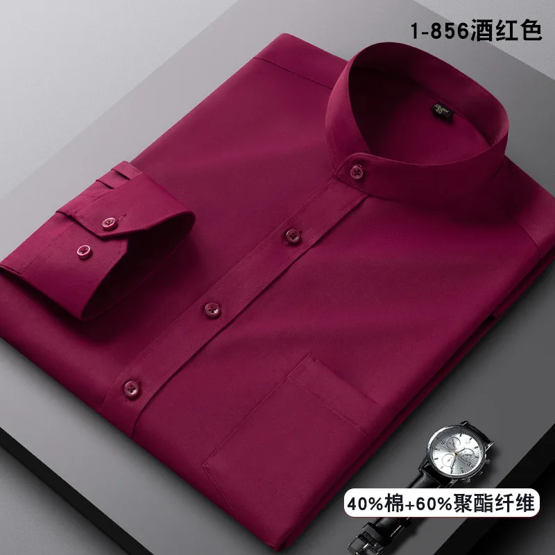 Stand Collar Shirt Men\'s Long Sleeve Chinese Style Tang Suit Breathable Anti-Wrinkle Easy Care Business Casual Dress Shirts