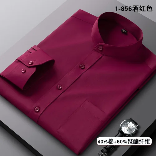 Imagen 2 del producto Camisa con cuello levantado para hombre, traje Tang de estilo chino de manga larga, transpirable, antiarrugas, fácil cuidado, camisas de vestir informales de negocios