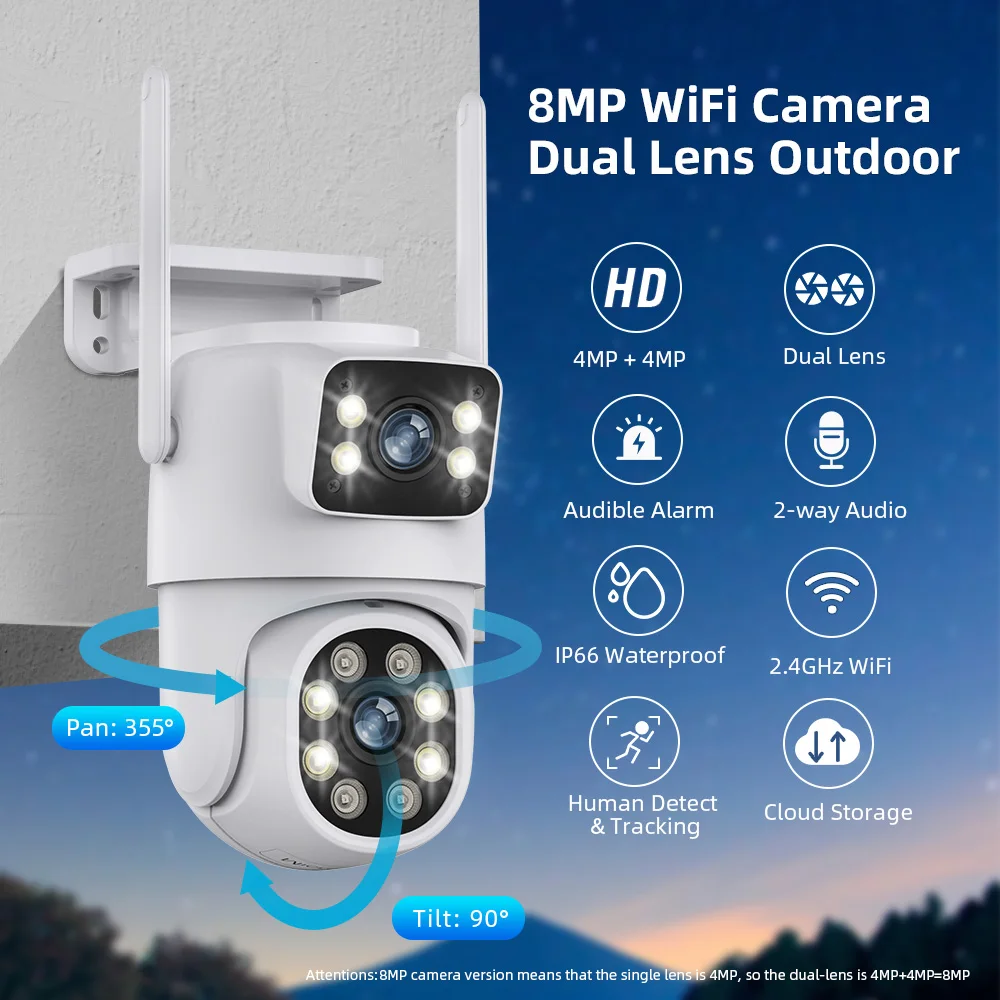 Gadinan 8MP 4K HD WiFi IP Camera Outdoor Dual Lens Screen PTZ Auto Tracking POE sicurezza videosorveglianza CCTV Alexa iCSEE