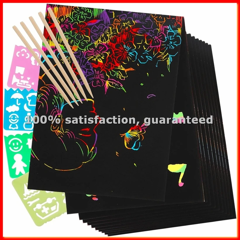 Scratch Paper Art Set, Black Crafts Kit for Party Favors DIY Painting Games Birthday Christmas Toys Gifts-ABAM