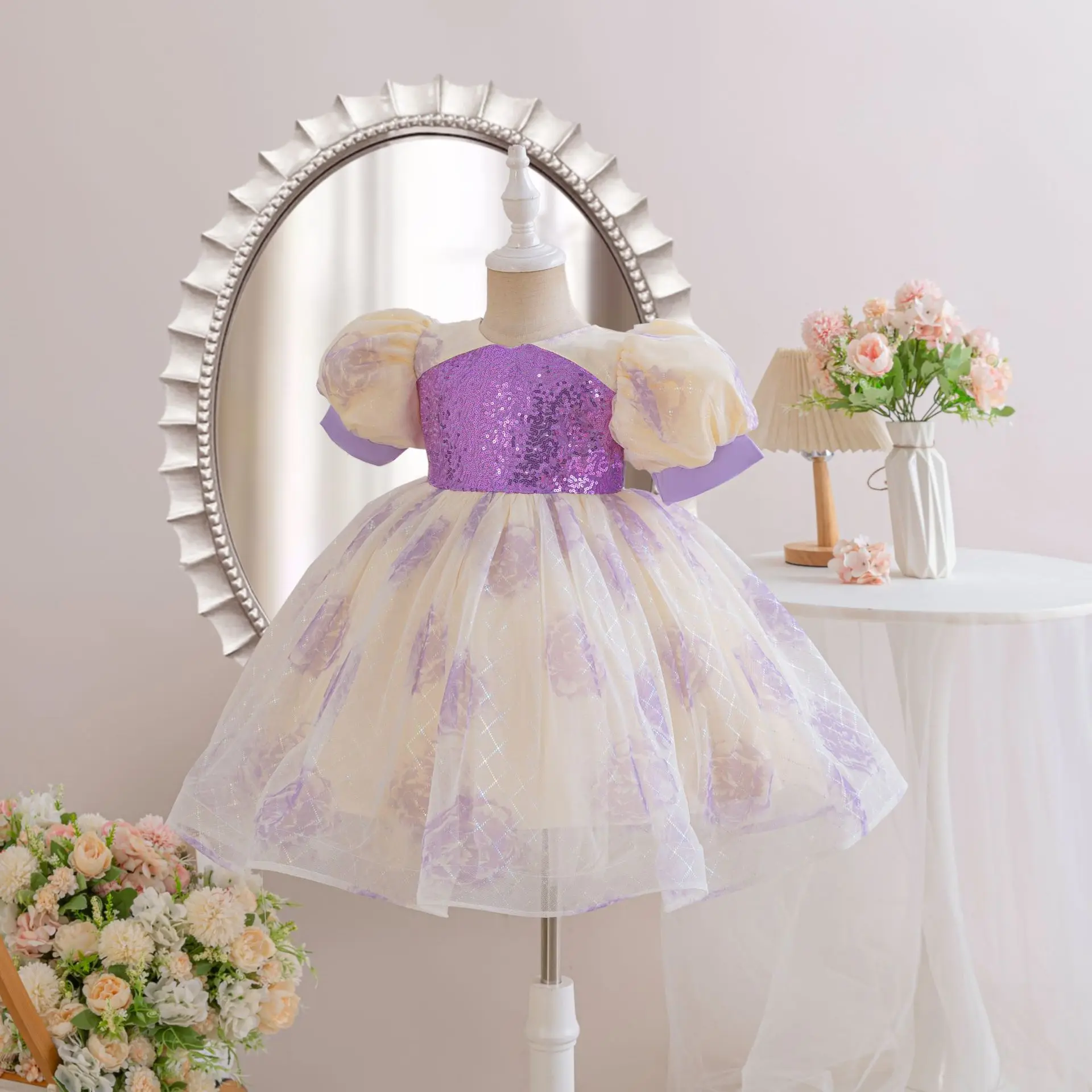 New Kid Floral Print Tulle Party Dress for Occasions Sequins Junior Girl Elegant Dresses Festival Children Clothes 4-12 Years