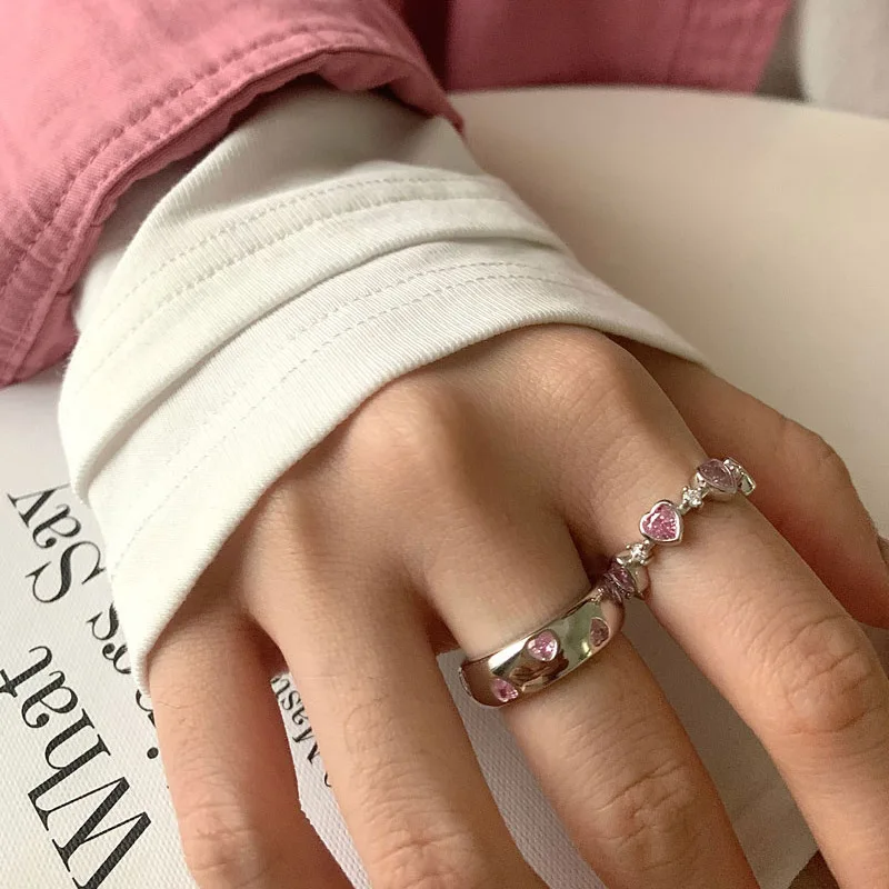 VENTFILLE 925 Sterling Silver Love Heart Pink Zircon Ring for Women Girl Gift Y2K Cute Korean Jewelry Dropshipping