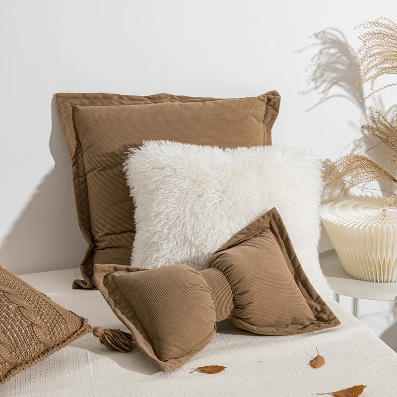 cream white/khaki/coffee color sofa bowknot cushion cover luxury corduroy pillow case plush backrest