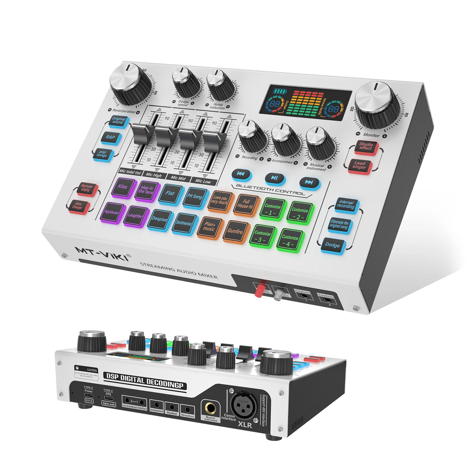 

Digital Live Streaming Audio Mixer with LCD Gaming Bar, Live Sound Card with Bluetooth, 48V Phantom Power