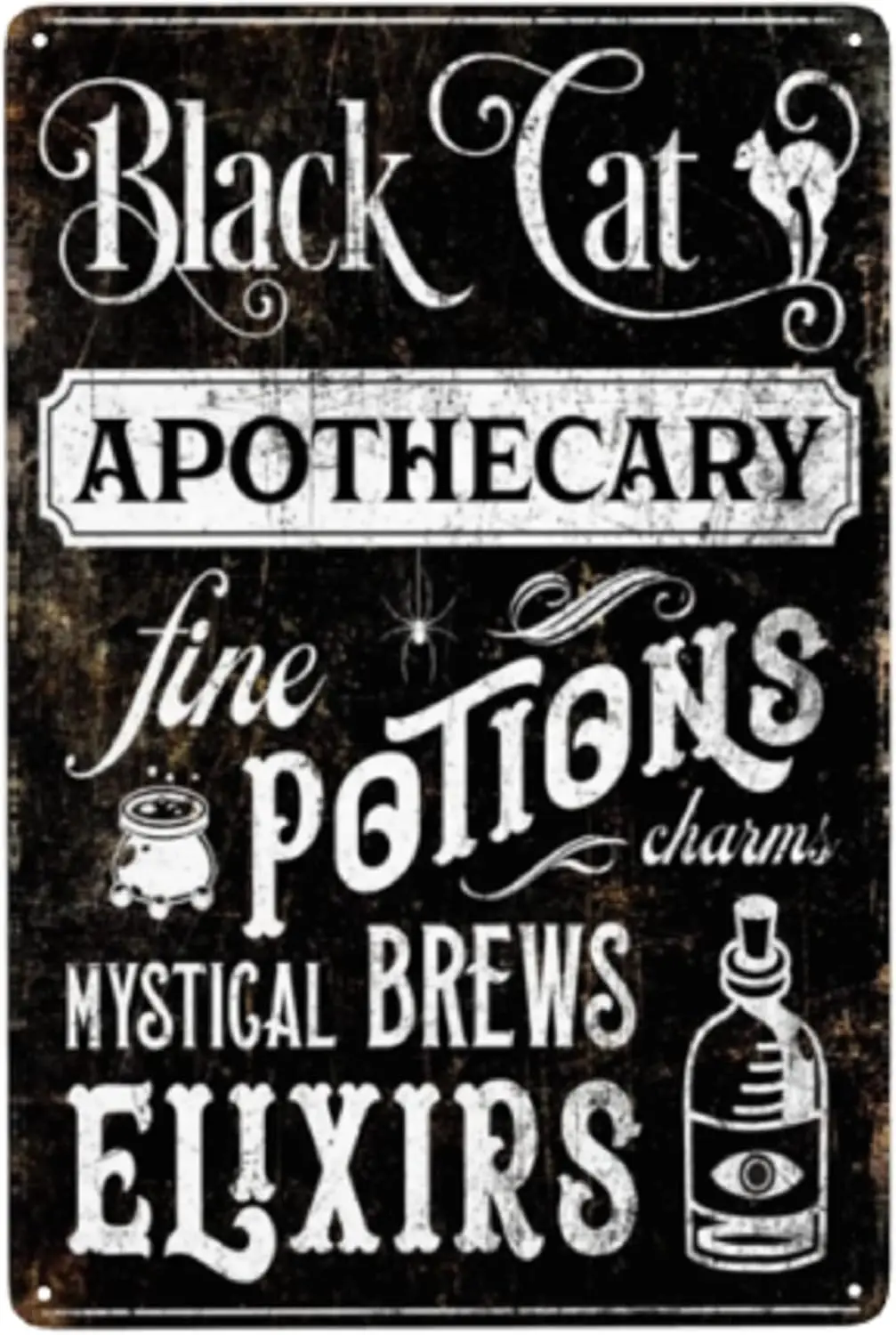 Cusde Black Cat Apothecary Fine Potions Elixirs Metal Tin Sign Wall Art Creepy Holiday Party Halloween Home Bar Decor 8X12 Inch Cartoon Anime