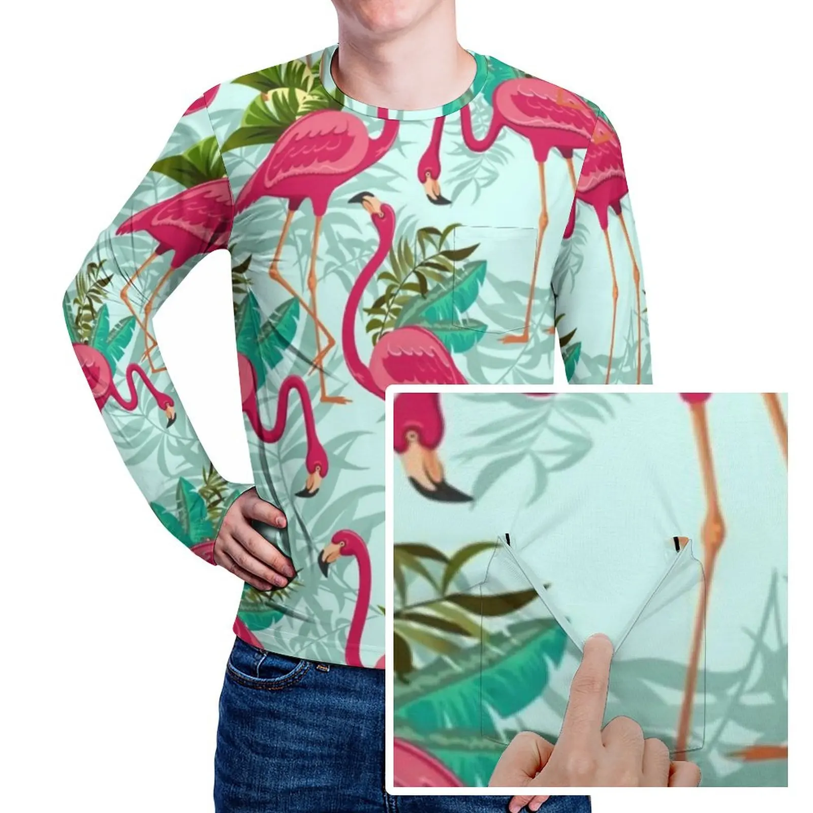 Pink Flamingo T-Shirt Exotic Birds Print Trendy T Shirts With Pocket Long Sleeve Design Tshirt Daily Classic Big Size Clothes