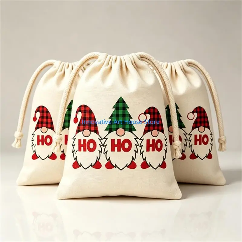 E1PC Fabric Christmas Gift Bags for Small Gifts, Set of 10 Cord-Closure Sacks with Holiday Character and Christmas Tree Print