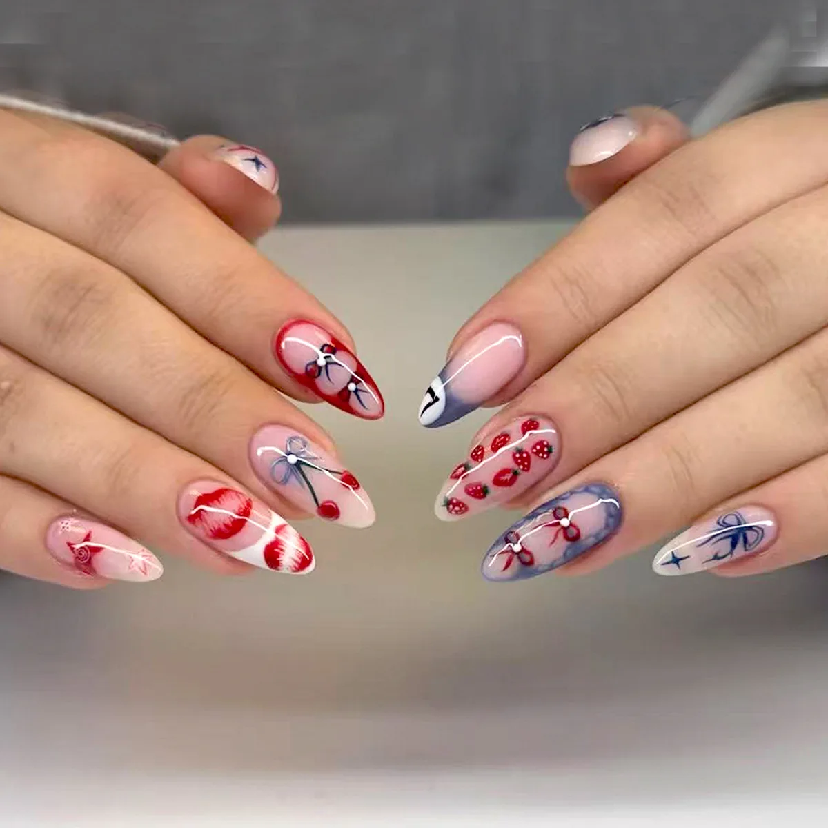 

24PCS Almond Shape False Nails Red Smudged Lips Strawberry Valentines Day Premium Press on Nails French Style Removable Manicure