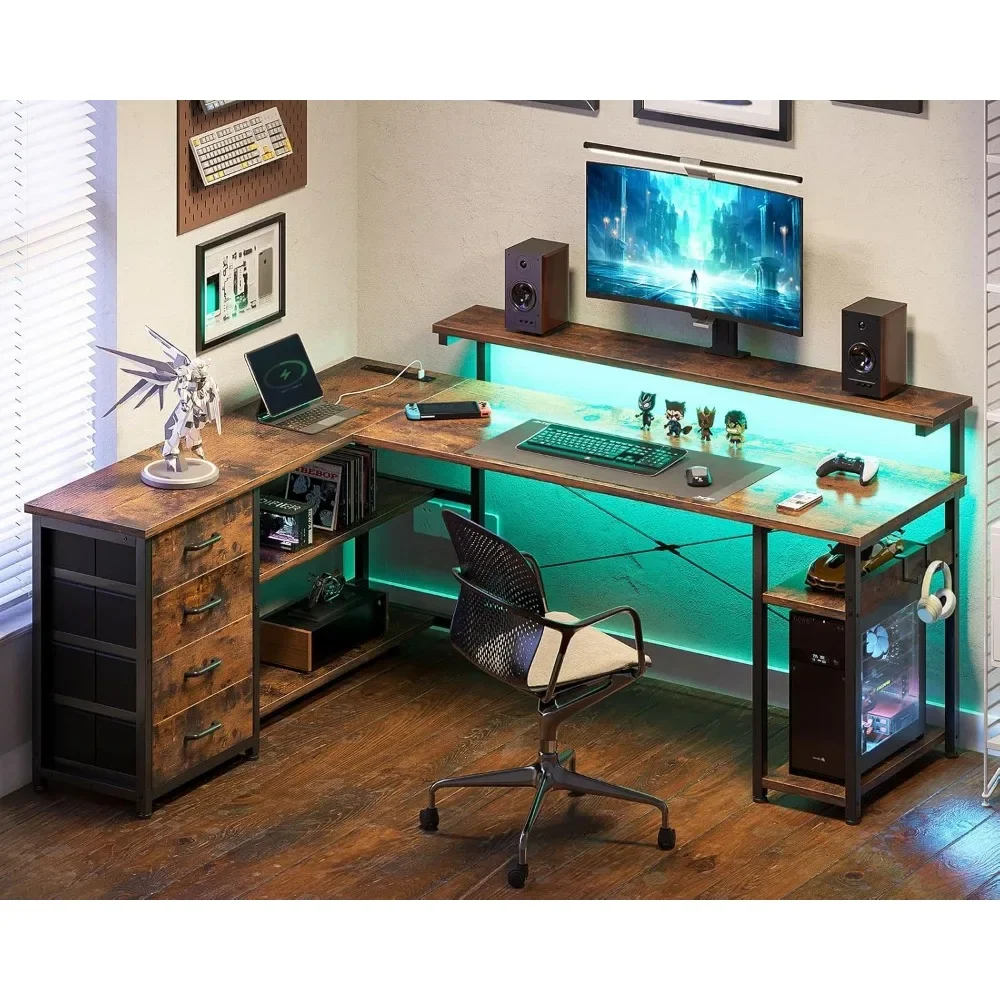 61 "L-shaped Drawer Table, Computer Desk with Power Socket and LED Lights, Flip Corner Gaming Table