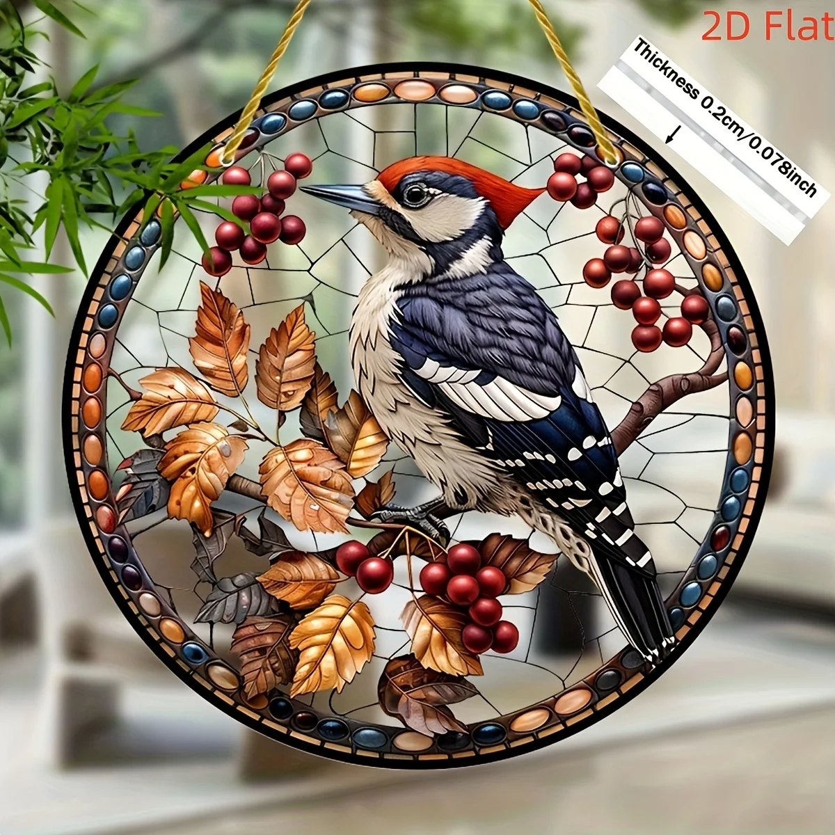 2D Flat, 1Pc, 2D Flat Acrylic Sun Catcher Window Hanging - 8"X8" Round Bird & Berry Design, Vibrant Blue, White, Red & Brown Nat-image
