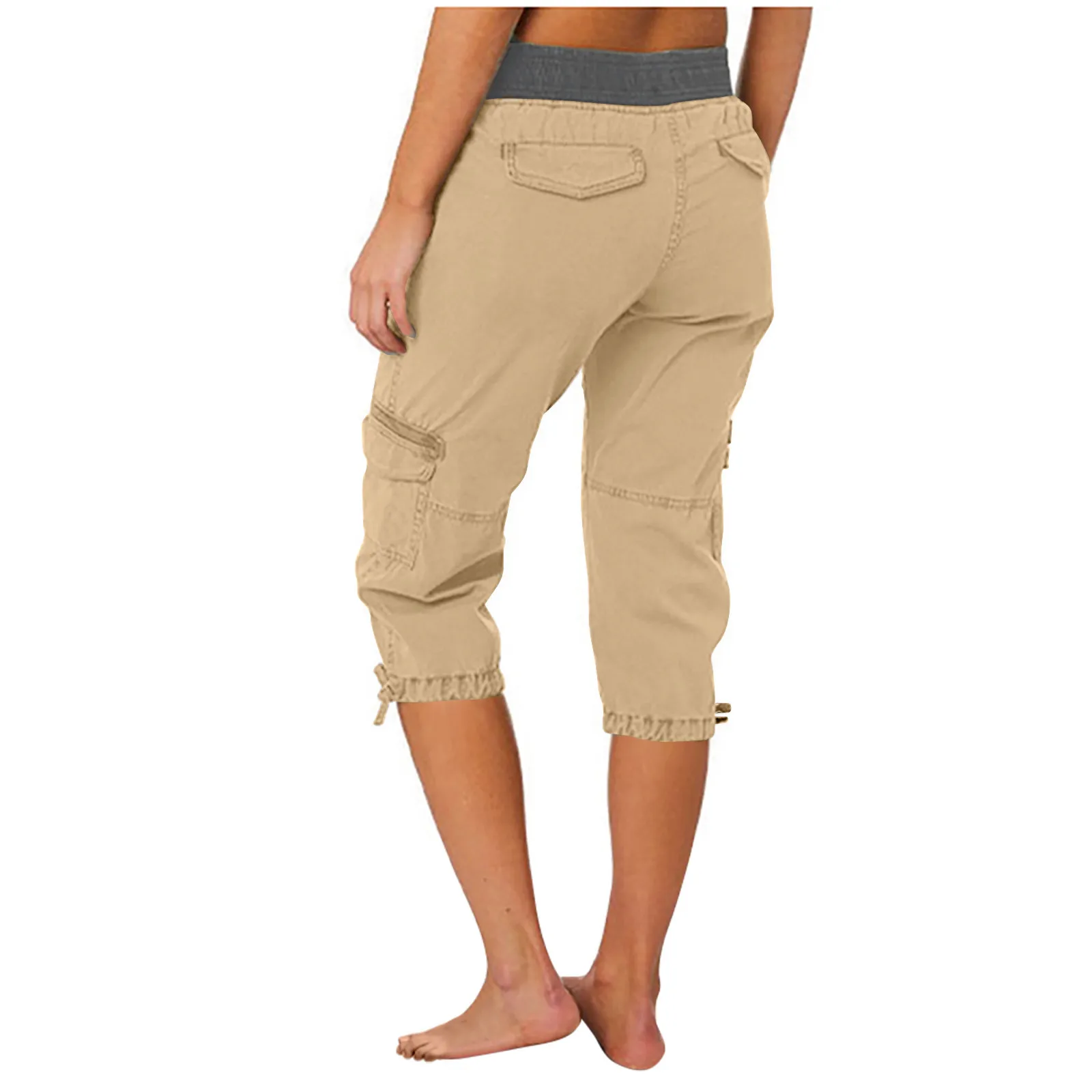 2026 Women's Summer Casual High Waist Drawstring Pocket Workwear Pants Solid Loose Wide Leg Extendable Cuffs 7-inch Pants Female