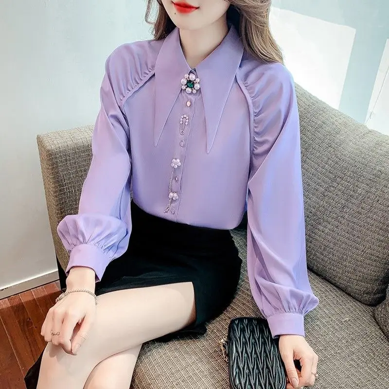 Temperament Pointed Neck Long Sleeve Chiffon Button Up Shirt Women Spring Autumn New Beaded Fashion Tops Korean Cute Purple Pink