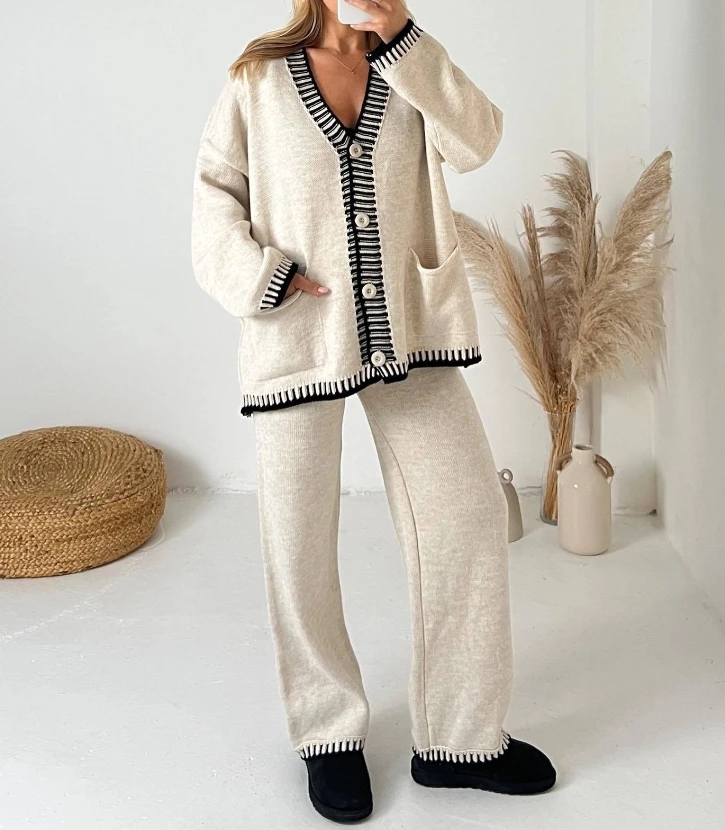 

Two Piece Set Women Casual Stripe Knit Long Sleeve V-Neck Single-Breasted Cardigan Sweater High Waist Loose Wide Leg Pants Sets