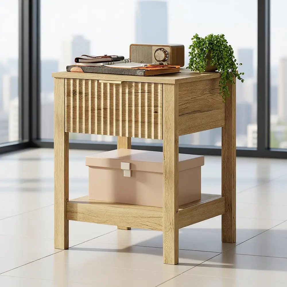 

Fluted Night Stand with Golden Handle,Mid-Century Nightstands with Drawer,Modern Bedside Table with Storage Shelf,Large End Tabl