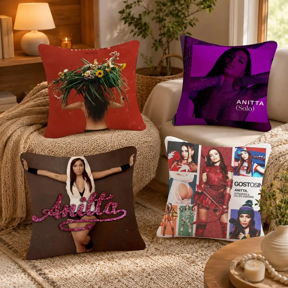 Brazil Artists A-Anitta Cushion Cover Soft Short Plush Pillow Case Double Sided Print Washable Sofa Bed Home Decor Gift